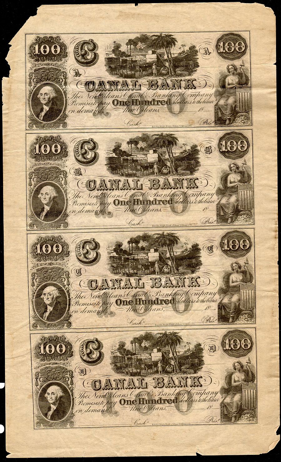 New Orleans, LA Canal Bank $100 Note Sheet, Remainder